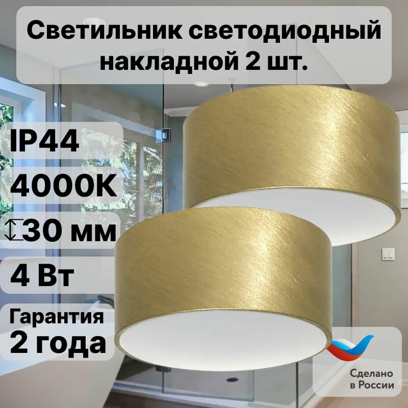 Светильник потолочный светодиодный накладной CK50-4AH. WP Золото, 4000К, 4 Вт (40 Вт), IP44 брызгозащищенный, для влажных помещений, 2 шт.