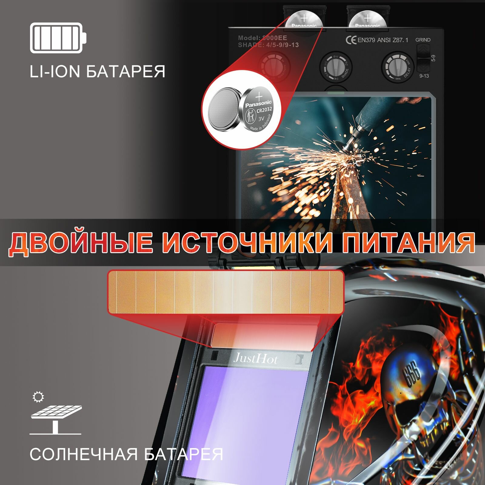 Комплектующие Для Сварочных Масок И Очков JustHot Сварочный шлем с налобным фонарем Предпочтительное рабочее оборудование для сварщиков 100 x 80 мм, DIN 5/9-13 (с внешней регулировкой), в коробке