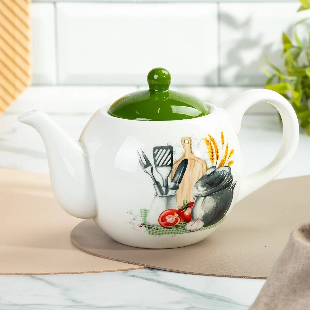 Daniks Comely чайник заварочный 0.95 л доломит белый с рисунком толстое дно крышка современный стиль