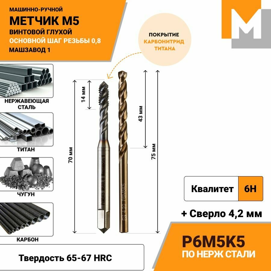 Метчик М5 винтовой Р6М5К5 и сверло 4,2 мм Р6М5К5 Кобальт