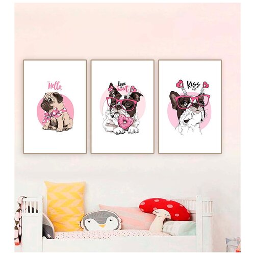 Плакаты для детей. Постеры с животными. Постеры Мопсы, бульдоги, щенки. Набор постеров для детской.