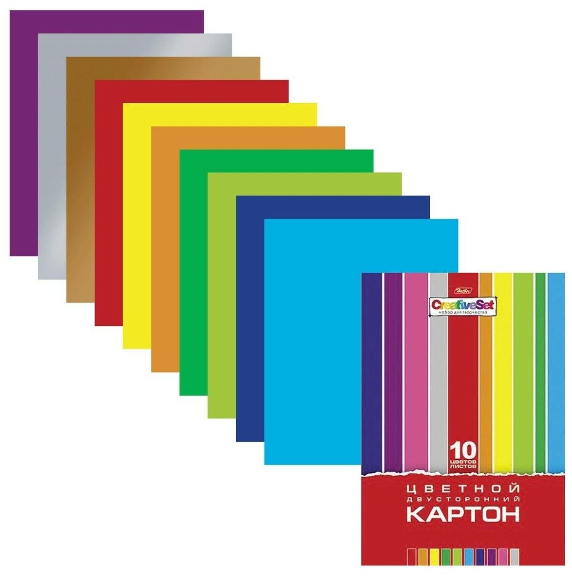 Цветной картон Hatber А4 мелованный двусторонний, 10 цветов, 185 г/м2, Creative (N138007)
