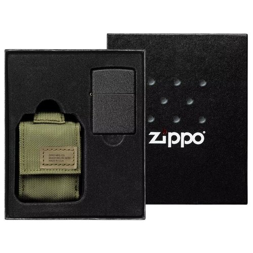 Подарочный Набор Zippo Зажигалка Black Crackle И Зелёный Чехол В Подарочной Коробке Черный