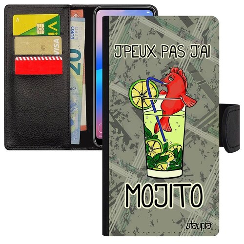 фото Красивый чехол- книжка на телефон // samsung galaxy a40 // "не могу - у меня мохито!" рисунок юмор, utaupia, серый