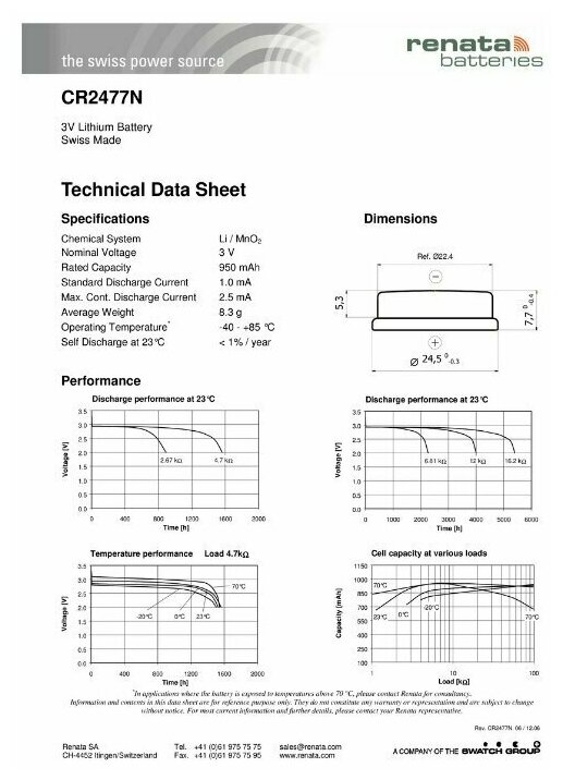 Элемент питания RENATA CR 2477N (6/180)