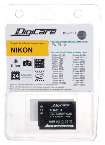 Аккумулятор для фотоаппарата Digicare PLN-EL12 / EN-EL12 для CoolPix S800c, S6200, S6300, S8200, S9200, S9300, P310, AW100
