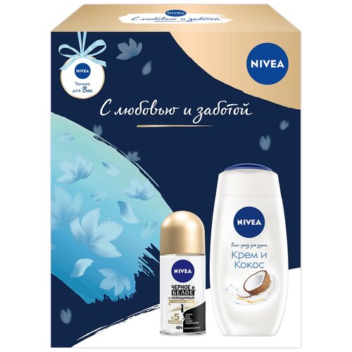 фото Подарочный набор nivea гладкий шелк: крем-гель для душа кокос + антиперспирант черное и белое