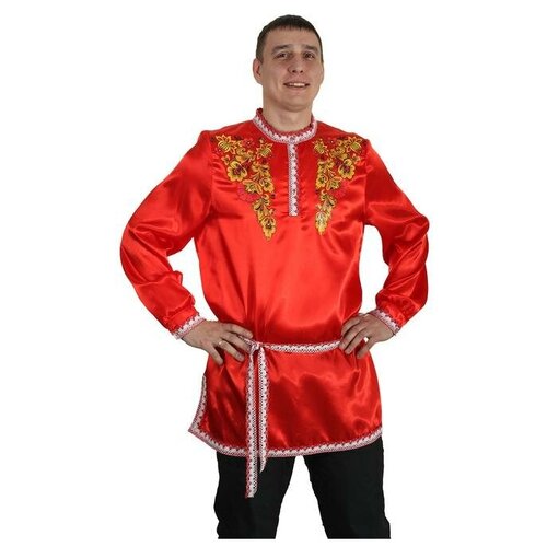 Рубаха русская мужская Хохлома. Цветы, атлас, размер 48-50, цвет красный