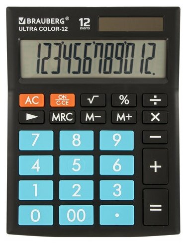 Калькулятор настольный BRAUBERG ULTRA COLOR-12-BKBU (192x143 мм), 12 разрядов, двойное питание, черно-голубой, 250497