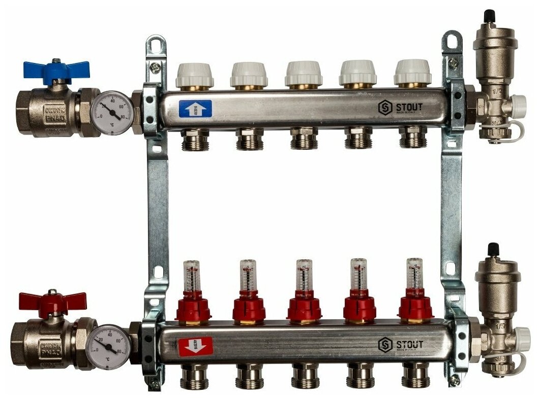 Коллектор из нержавеющей стали STOUT SMS 0907 000005 в сборе с расходомерами 5 вых.