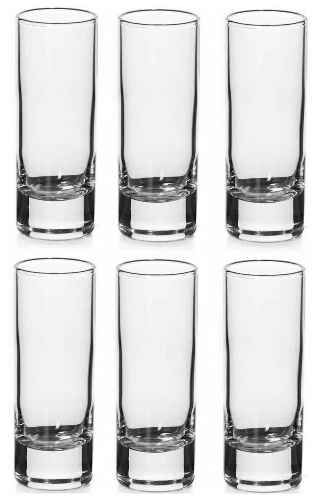 фото Набор из 6 стопок для водки, текилы, коктейлей. Объем 60 мл. Стаканы для крепких напитков. Форма цилиндр. Прозрачного цвета