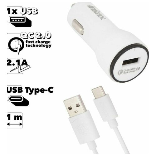 Автомобильное зарядное устройство inkax CD-22 Fast 1xUSB, QC 2.0 2.1А + кабель USB-С 1м (белый)