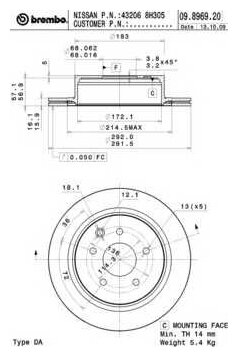 Диск торм.зад. NISSAN LEAF 11/10=> BREMBO 09.8969.20