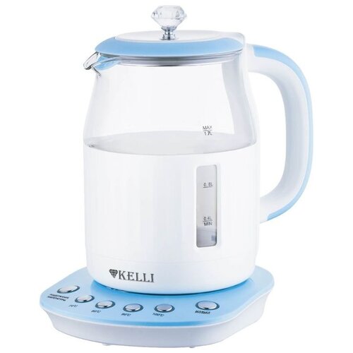 Чайник Kelli KL-1373, бело-голубой чайник электрический kelli kl 1373 стекло 1 7 л 2200 вт бордовый