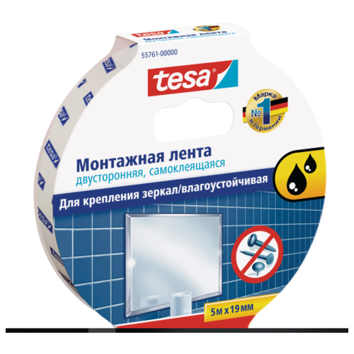 фото Лента клейкая двусторонняя для крепления зеркал tesa powerbond 19 мм x 5 м цвет белый