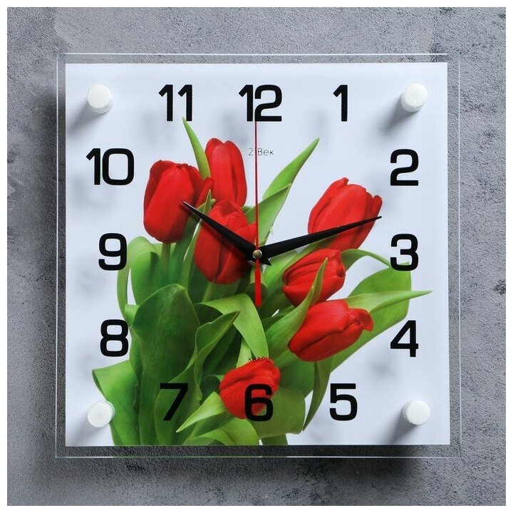 Рубин Часы настенные: Цветы, "Тюльпаны на белом фоне", 25 х 25 см