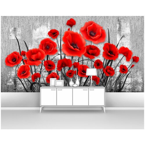 Фотообои на стену первое ателье Яркие маки на сером фоне 300х160 см ШхВ флизелиновые Premium 3781₽