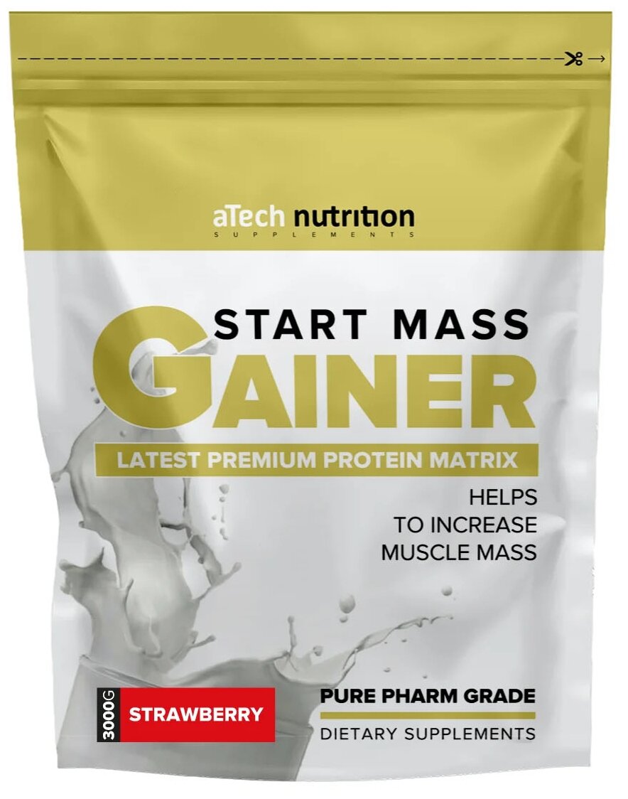 Гейнер aTech Nutrition Gainer Start Mass (3 кг), 3000 г., клубника