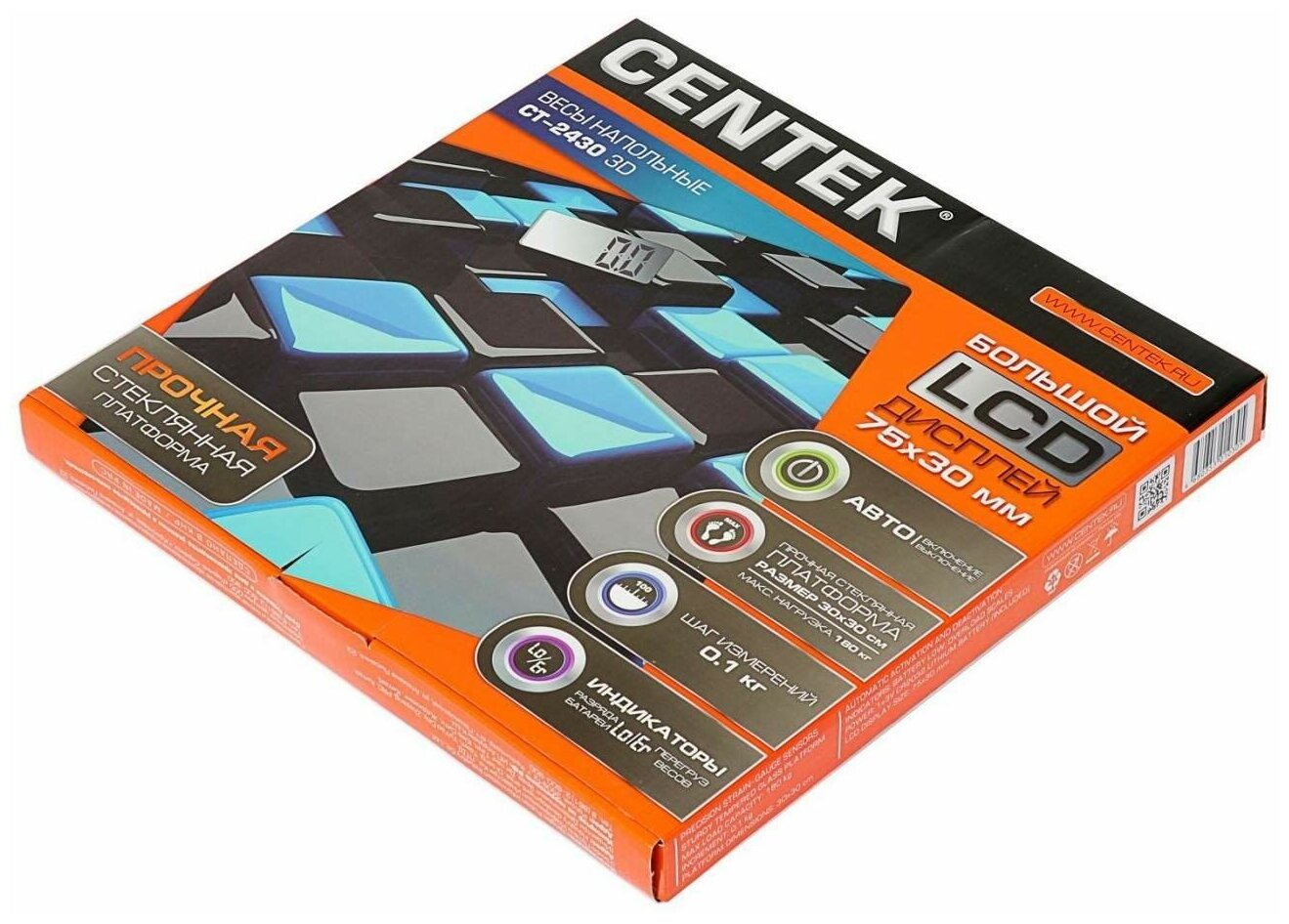 Весы напольные Centek CT-2430 <3D> электронные 180кг, 0,1кг, LCD 75x30, размер 30х30см - фотография № 2