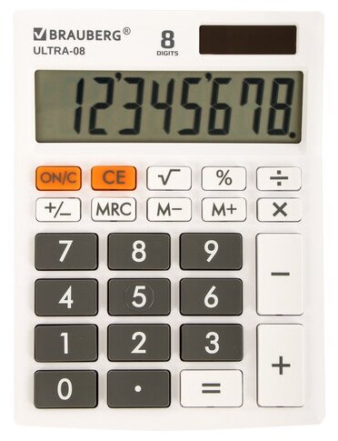 Калькулятор настольный BRAUBERG ULTRA-08-WT, компактный (154x115 мм), 8 разрядов, двойное питание, белый, 250512