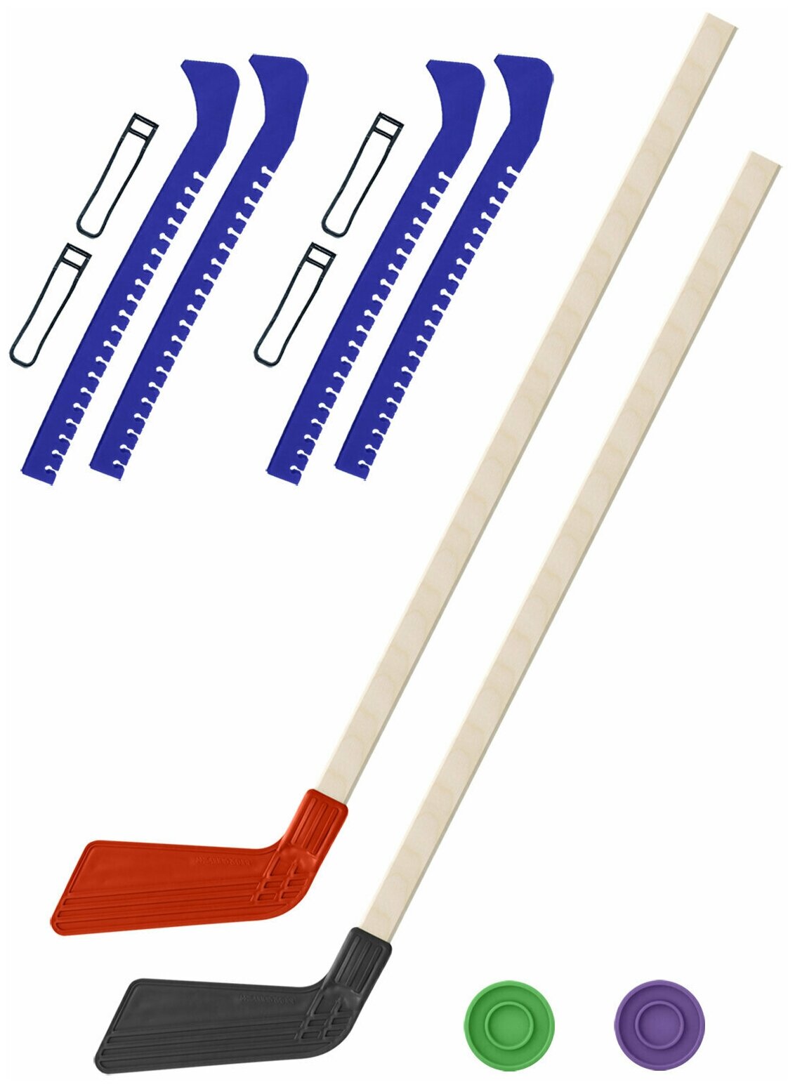Детский хоккейный набор для игр на улице Клюшка хоккейная детская 2 шт красная и чёрная 80 см. + 2 шайбы + Чехлы для коньков синие - 2 шт.