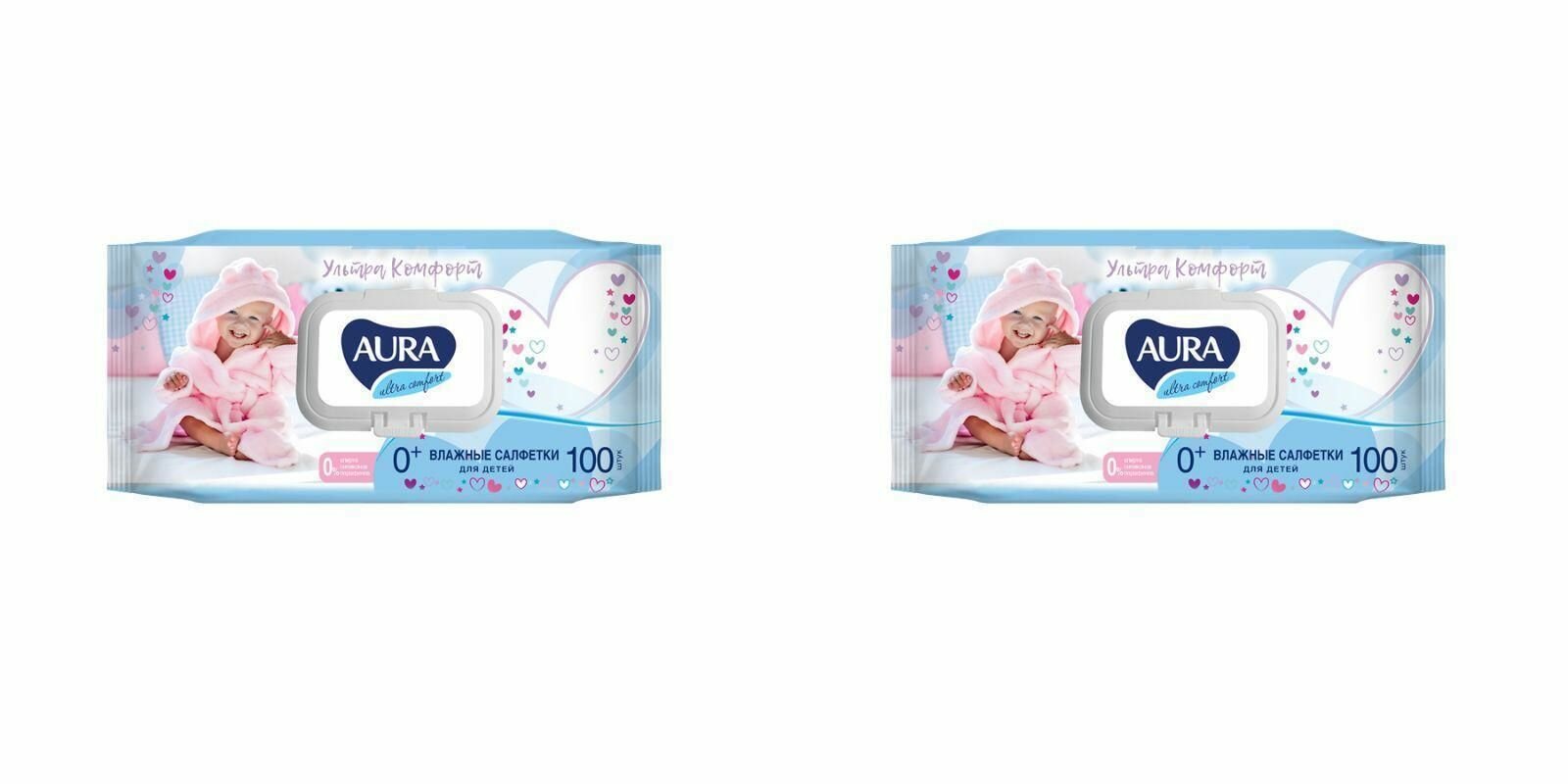 Aura Влажные салфетки детские Ultra Comfort, 0+, с экстрактом алоэ и витамином Е, в уп. 100 шт, 2 уп