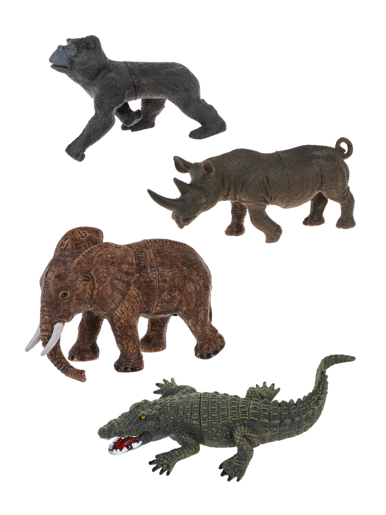 Фигурки животных: носорог, слон, крокодил, орангутанг