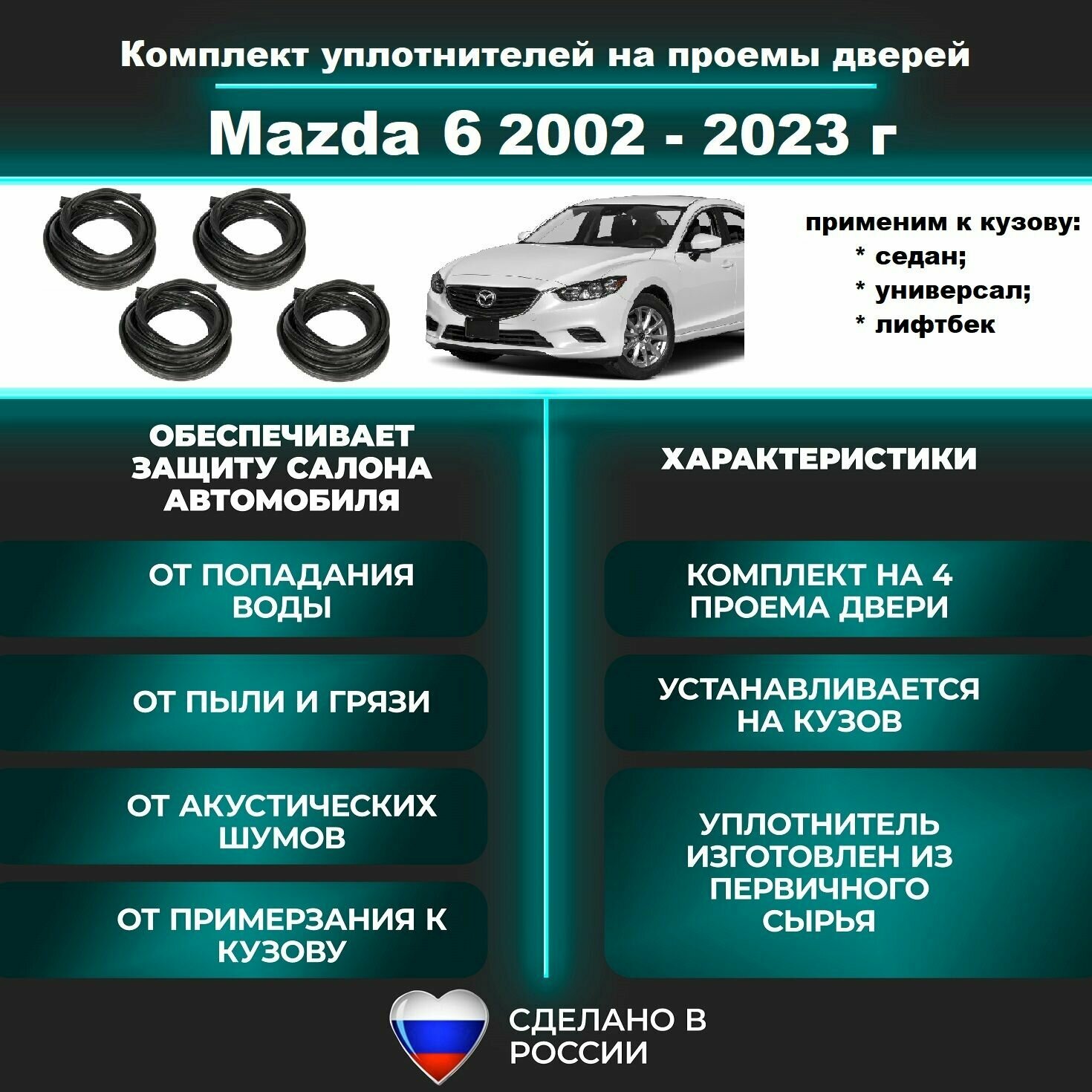 Комплект уплотнителей на проем дверей для Mazda 6 2002-2023 г GC, GH, GJ, Мазда 6, 4 шт