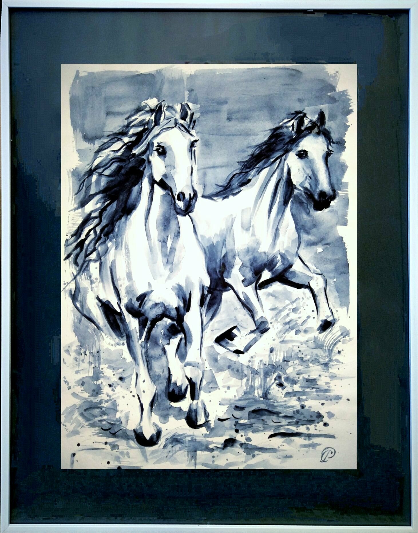 Картина кони, лошади, лошадь, конь. Художник Светлана Родионова . Аворская ручной работы картина в раме с паспарту.