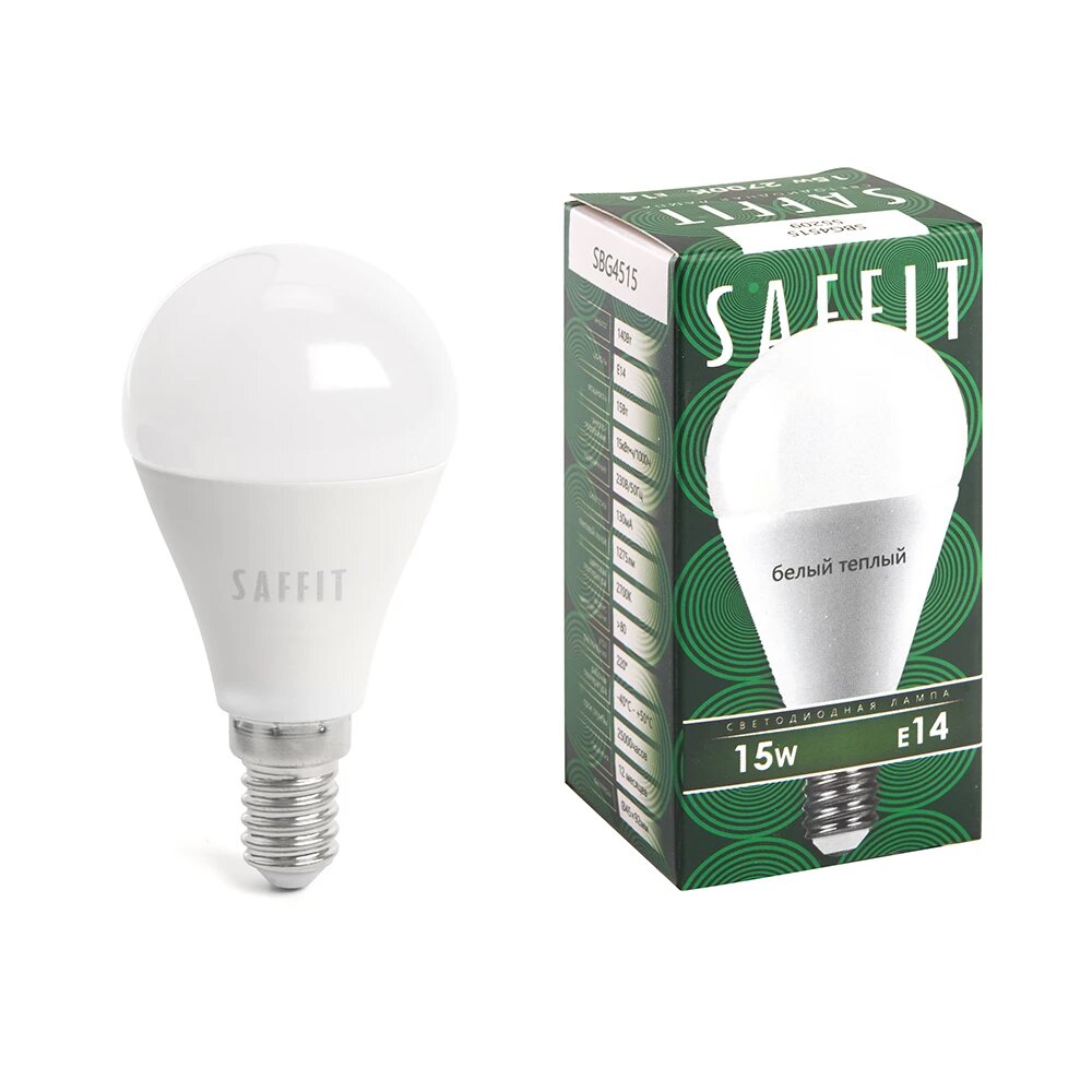 Лампа светодиодная SAFFIT SBG4515 Шарик E14 15W 230V 2700K (55209) 10 шт.