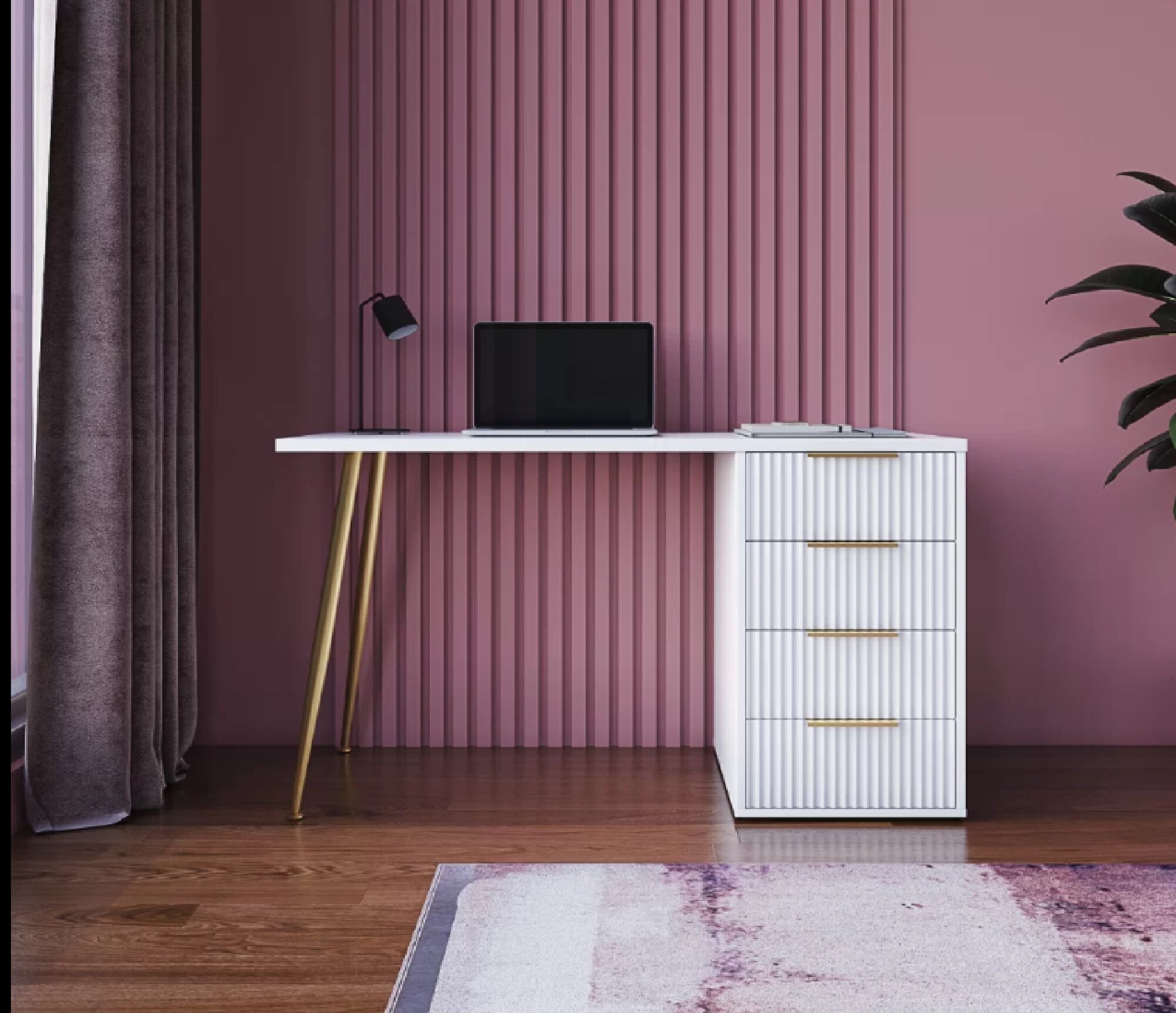 Письменный дизайнерский стол "Волна", с ящиками, с металлическими ножками в цвет золота. Для спальни, для школьника. — фото 1