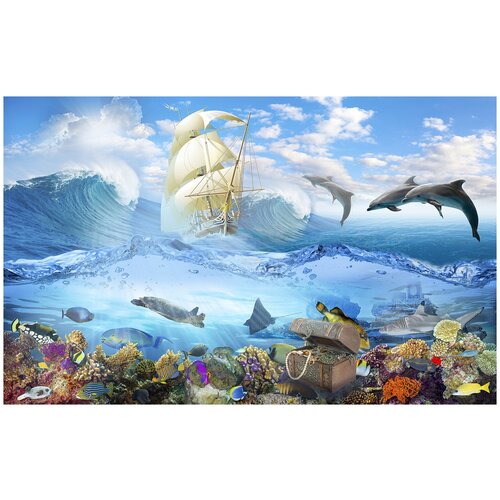 Фотообои Уютная стена Белый Парусник и подводный мир 430х270 см Бесшовные Премиум (единым полотном)