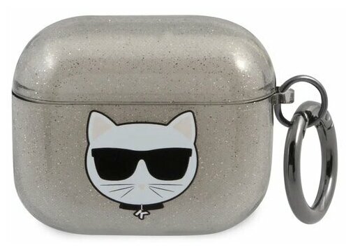 Lagerfeld для Airpods 3 чехол TPU Glitters with ring Choupette Transparent Black