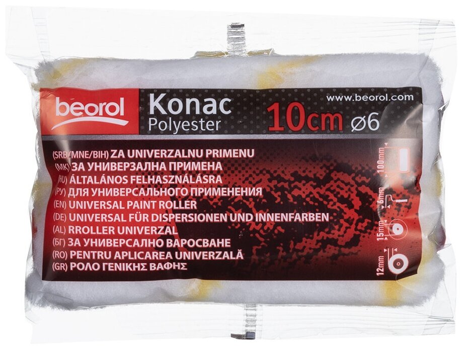 Валик Beorol Konac полиэстер 100 мм ворс 12 мм для красок грунтов лаков и антисептиков на водной основе (2 шт.)