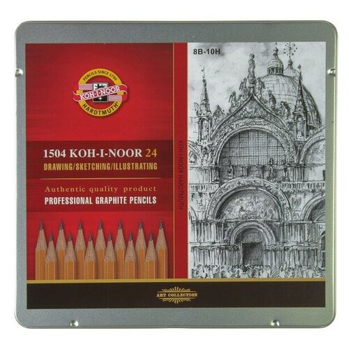 Набор карандашей чернографитных разной твердости 24 штуки Koh-i-Noor 1504 ART, 8В-10Н, в металлическом пенале koh i noor художественный набор koh i noor 8891 gioconda 39 предметов в металлическом пенале