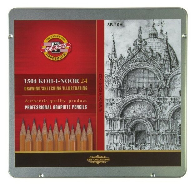 Набор карандашей чернографитных разной твердости 24 штуки Koh-i-Noor 1504 ART, 8В-10Н, в металлическом пенале