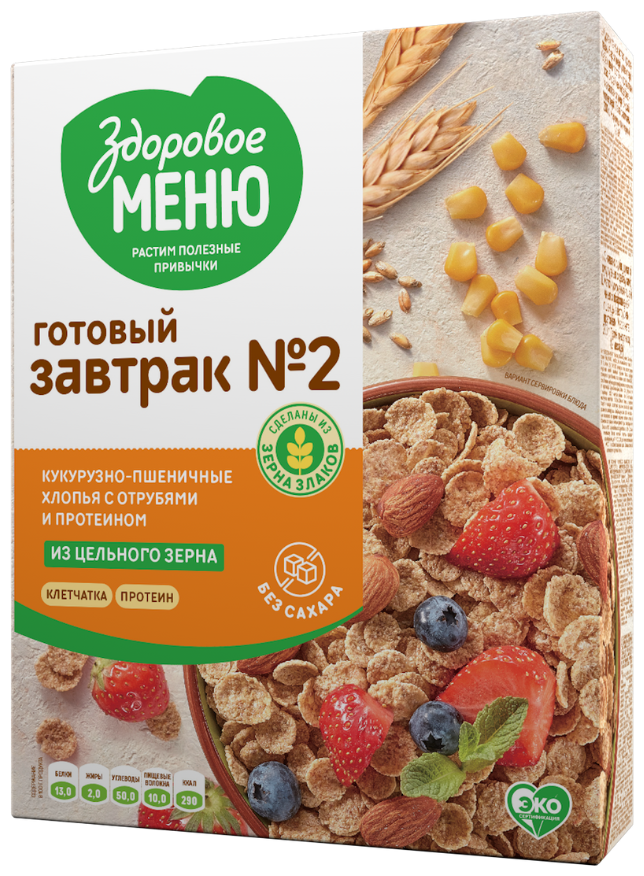 Хлопья кукурузно-пшеничные Здоровое меню из пророщенного зерна с отрубями и протеином, 200 г - фото №1