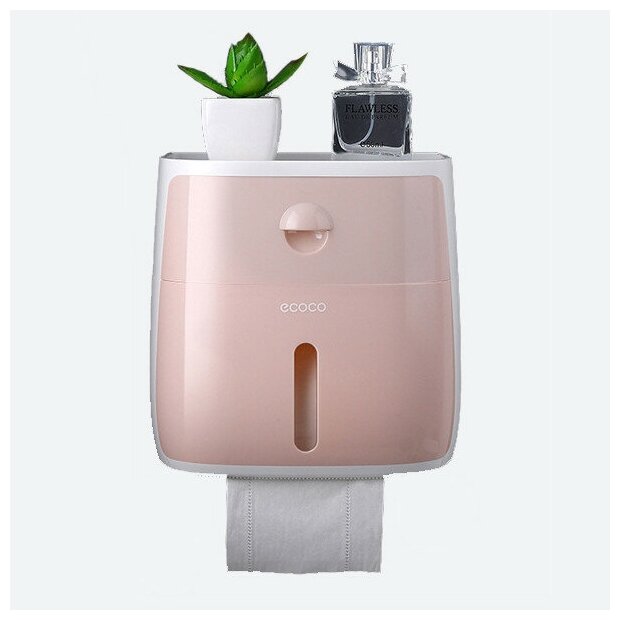 Настенный подвесной держатель-диспенсер для туалетной бумаги бумажных полотенец и салфеток ECOCO с ящиком в ванную комнату розовый