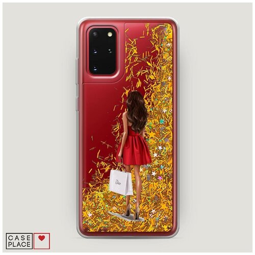 фото Чехол жидкий с блестками samsung galaxy s20 plus девушка в красном мини-платье case place