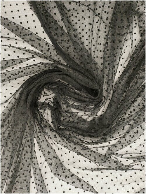 FS Ткань Фатин флок в горошек цвет Черный шир.150 см и длина 100 см. воздушная и легкая ткань