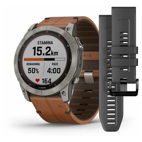 GARMIN FENIX 7X Sapphire Solar титановый черный с коричневым кожаным ремешком