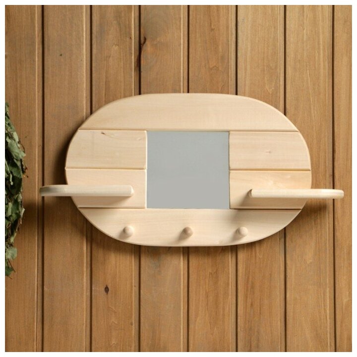 фото Зеркало "Овал", 3 крючка, сосна, натуральный, 54×29×10 см