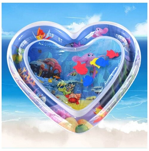 Детский надувной развивающий водный коврик сердца, аквариум / Развивающий коврик с водой / Для малышей 63x63 синий Shantou