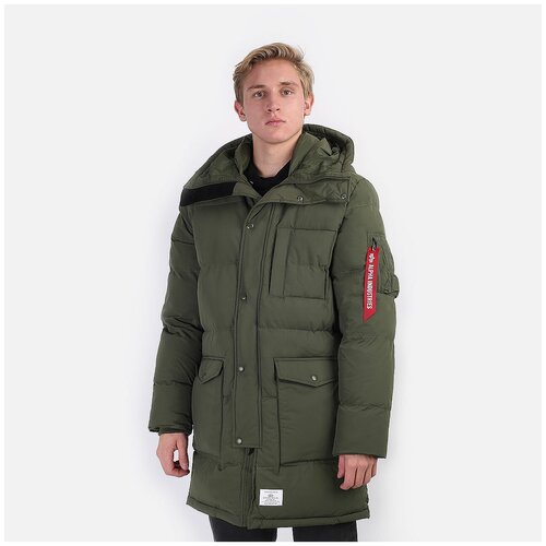 Парка ALPHA INDUSTRIES демисезонная, силуэт прямой, капюшон, карманы, размер S, зеленый