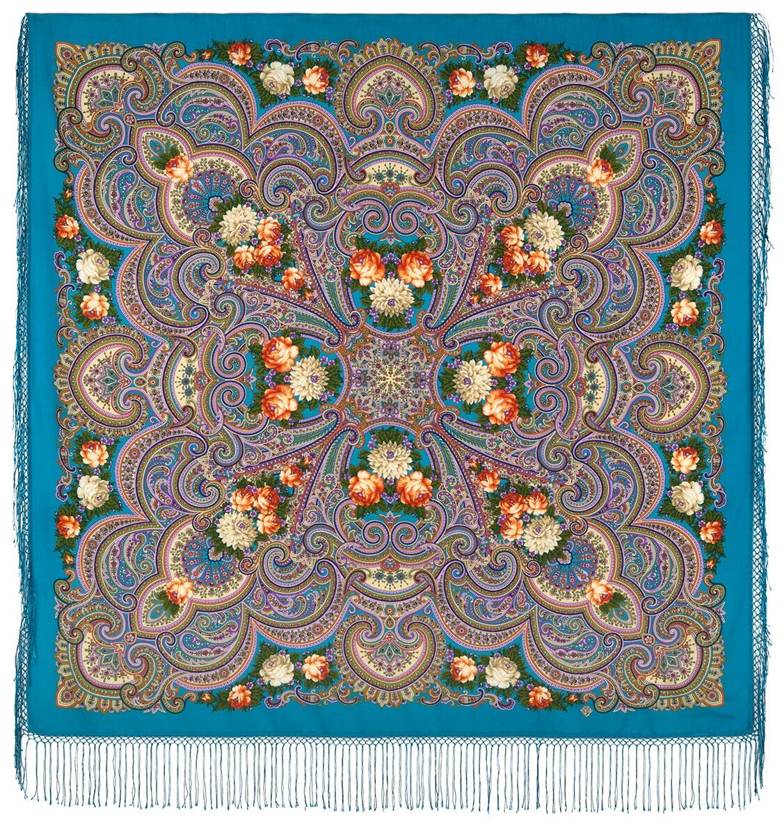 Павловопосадский шерстяной платок с шелковой бахромой 