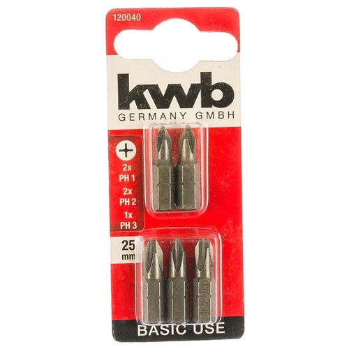 Бита KWB BASIC, PH1,PH2х2 шт, PH3х1 шт, сталь TQ60, 25 мм, 5 шт