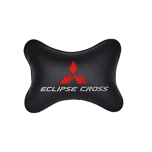 Автомобильная подушка на подголовник экокожа Black c логотипом автомобиля MITSUBISHI Eclipse Cross