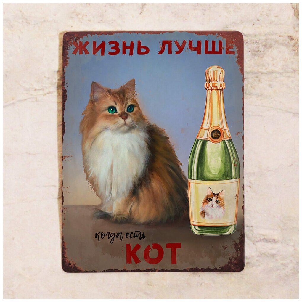 Интерьерная табличка с надписью для интерьера дома Жизнь лучше когда есть рыжий кот  подарок для дома владельцу кота  металл 20х30 см