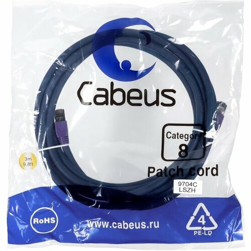 экранированный патч корд cabeus pc ftp rj45 cat 6 3m lszh Патч-корд Cabeus S/FTP PC-SSTP-RJ45-Cat.8-3m-LSZH категория 8 (40G, 2000 MHz), 2xRJ45/8p8c, экранированный, синий, LSZH, 3 м