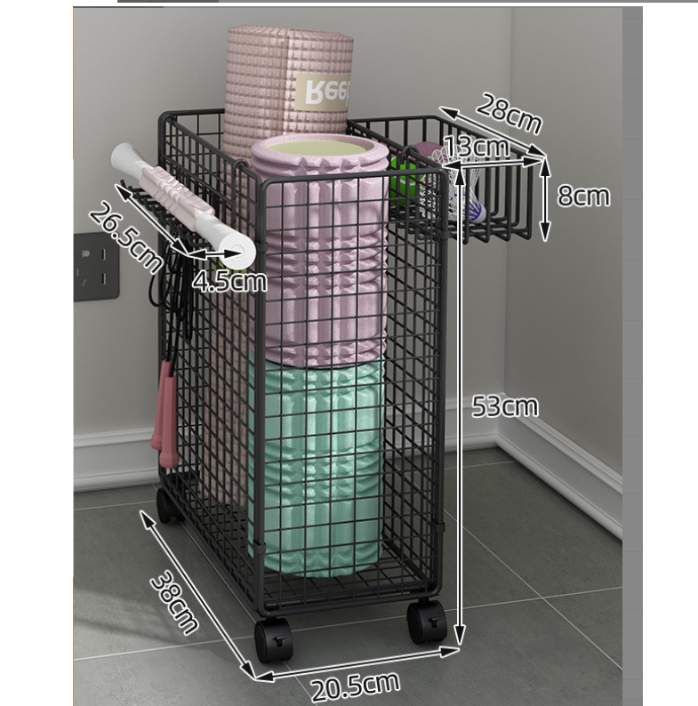 фото Корзина напольная MyPads для хранения спортивного инвентаря, черная на колесиках, идеально подойдет для спортивного коврика, ракеток, мячей